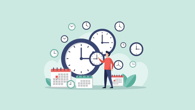 Businessman managing time and schedules with multiple clocks and calendars.