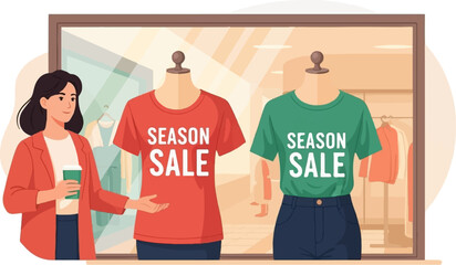 Woman in red jacket presents seasonal sale apparel in shop window