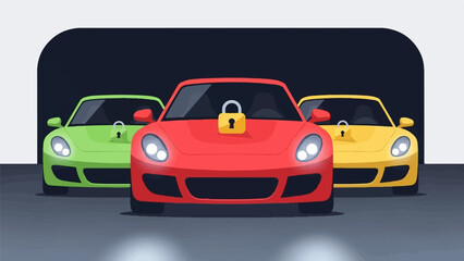 Naklejka premium Three locked sports cars in a garage, red, green, and yellow