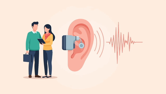 Two people discussing data near an ear with an audiometer and sound waves