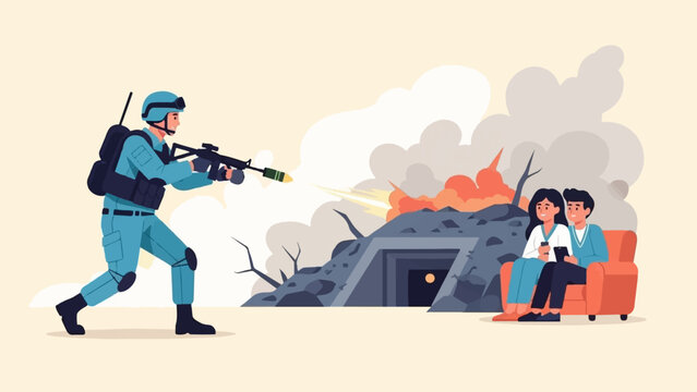 Soldier in combat firing at bunker while civilians watch from couch