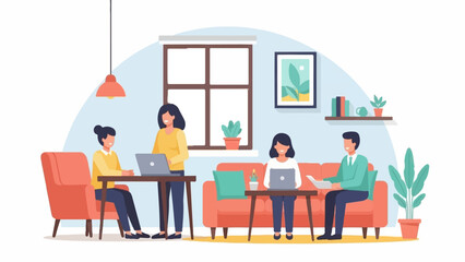 People working on laptops in a cozy room with furniture and plants