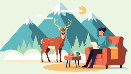 Person relaxing indoors with mountains and deer visible outside