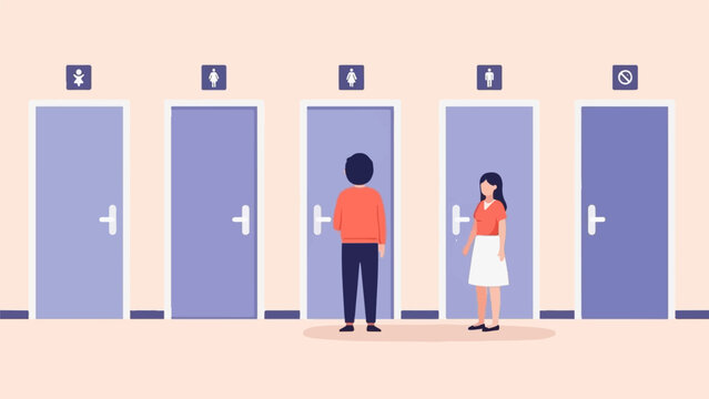 People queuing for different bathroom stalls with gendered signs