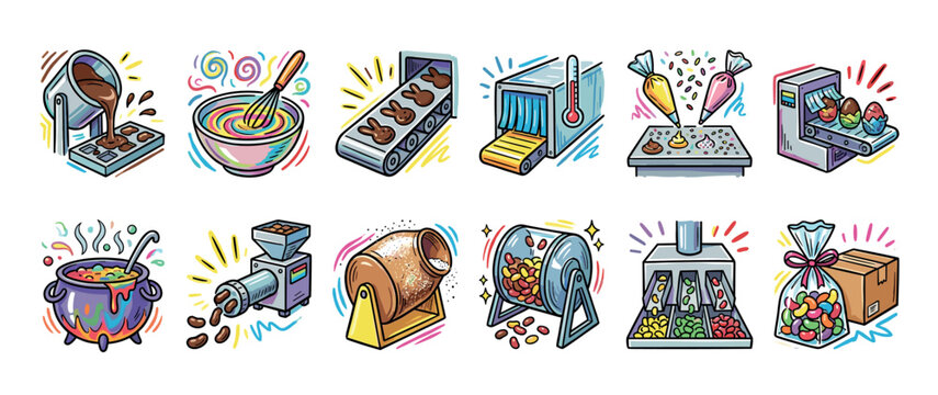 Set of colorful cartoon icons illustrating the candy and chocolate making process, from mixing ingredients to packaging, showing factory machinery and confectionery production steps
