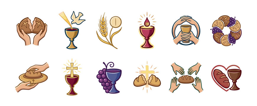 Collection of Christian communion icons showing symbols of the Eucharist like bread, wine, a chalice, grapes, a cross, and a dove representing faith and sacrament