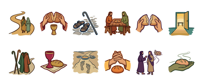 Collection of twelve Christian biblical illustrations depicting the story of two disciples on a journey, featuring scenes of walking, breaking bread, and communion in a simple hand-drawn style