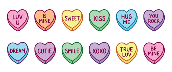 Set of colorful heart-shaped conversation candies with romantic messages is arranged in two rows in a cute, hand-drawn illustrative style for Valentine's Day celebrations