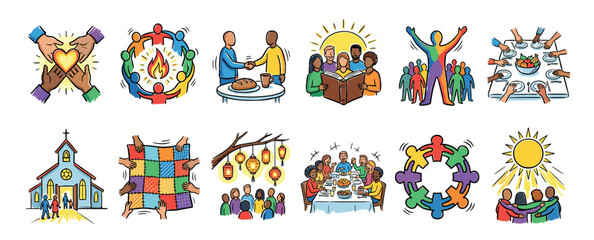 Fototapeta premium Set of colorful hand-drawn icons depicting community, faith, and diversity with illustrations of people sharing meals, worshipping, celebrating, and supporting each other in unity