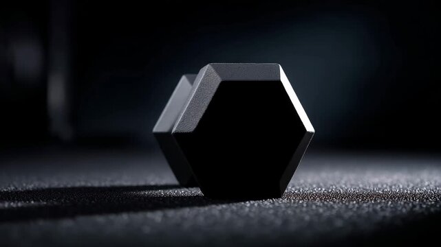 Ultra HD Black hexagonal dumbbell on a dark textured surface, modern fitness equipment for strength training and intense workouts video
