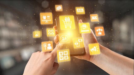 Obraz premium Concept of social media shopping transforms e-commerce. This platform offers seamless shopping experiences, enhancing social media interaction for online business growth. Gist