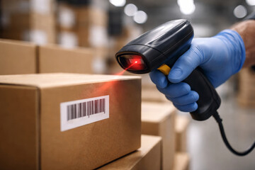 Man with blue glove scanning barcode on cardboard box. Warehouse inventory management and logistics concept. Distribution center and shipping process.