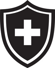 Obraz premium Medical protection shield icon with a white cross, representing healthcare safety, life insurance security, and emergency defense. Minimalist black vector symbol for clinic and hospital branding.