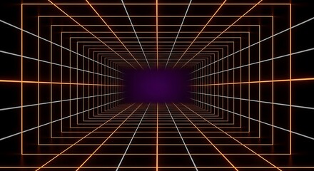 Neon grid tunnel receding into purple void with orange and white lines