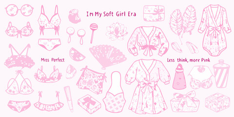 Aesthetic pink illustration showcasing lingerie robes and beauty accessories