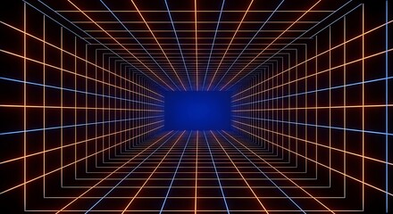 Neon grid tunnel with blue void at the end wireframe abstract