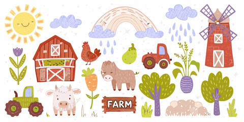 Charming watercolor illustration depicting a delightful farm scene with animals and nature © ShibuProsad