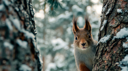 A brown squirrel peeking out from behind a tree trunk in a snowy forest