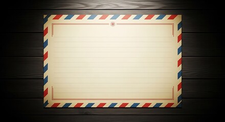 Vintage lined paper with red blue border on dark wood background stationery envelope