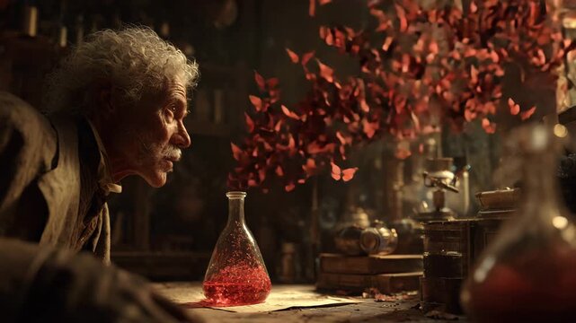 Ultra HD Old alchemist creating a magical potion with flying butterflies in a dark laboratory video