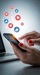 Woman's hands using smartphone with social media likes and hearts floating mobile