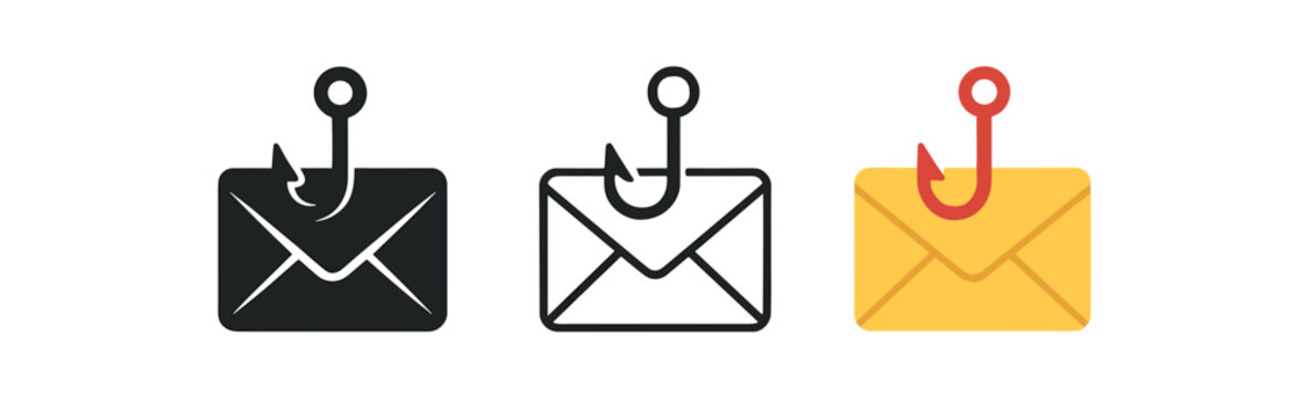 phishing alert three envelope with hook silhouette with red hook