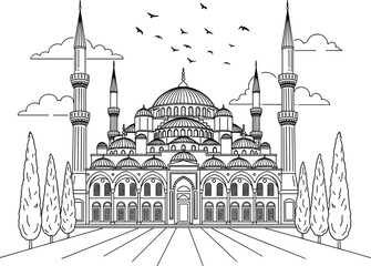 Detailed islamic mosque illustration, black and white line art architecture with domes and minarets, religious landmark vector for travel, culture, faith themes © Fazlul