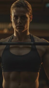Vertical video: Holding barbell on chest athlete in dark sports bra pulling to chin at gym training