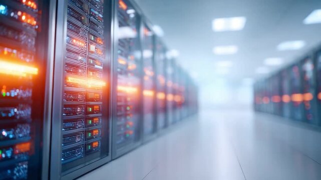 Data Center Efficiency: Modern servers stand aligned in a cutting-edge data center, symbolizing seamless connectivity and the power of digital infrastructure.