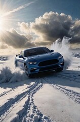 Powerful blue sports car speeding through snow with dramatic clouds and sun rays in the background