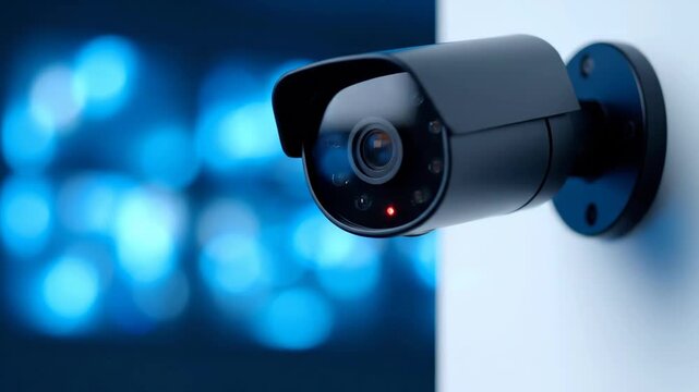 Modern Surveillance Camera Monitoring - A modern surveillance camera is mounted on a wall, monitoring an area.
