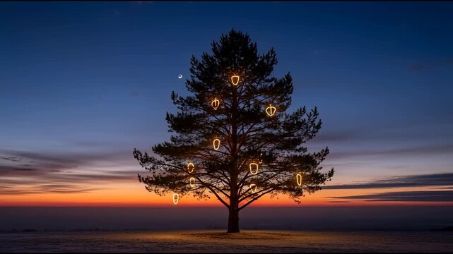 Silhouette of a decorated pine tree against a dramatic sunset sky