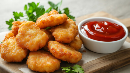 Deep fried chicken nuggets with ketchup