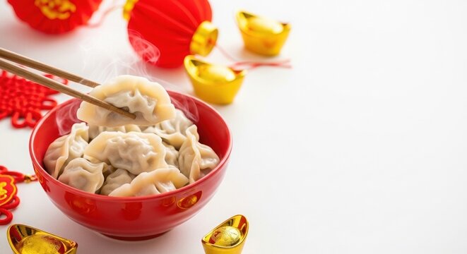Chinese New Year food tradition, Steaming bowl of dumplings in red bowl with chopsticks, surrounded by gold ingots and festive red decorations, Chinese New Year celebration food, white background - Powered by Adobe