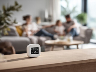 Black-screen digital temperature and humidity sensor on wooden surface with family sitting on couch in bright living room. Indoor climate monitoring device. Design for banner, card, invitation, poster