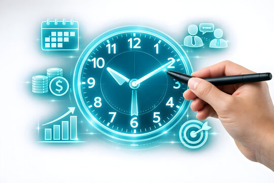 Hand Drawing Smart Clock with Business Icons &mdash; Time Management Concept, Productivity Planning and Scheduling Strategy Illustration