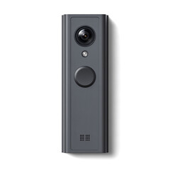 Fototapeta premium Rectangular smart video doorbell with camera, button, and speaker grille. Outdoor intercom device isolated on transparent background. PNG image for home monitoring and security system