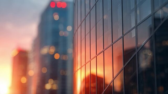 Cityscape Sunset Reflections: The sun casts its warm glow on a modern cityscape, its light dancing across the glass facades of towering buildings.