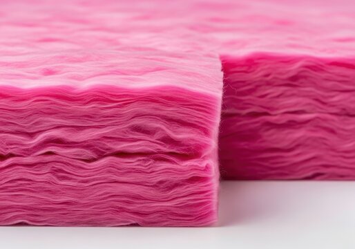 Fluffy pink insulating material arranged in a protective layer, highlighting its soft texture and thermal energy efficiency properties for construction, renovation, cottony, close up