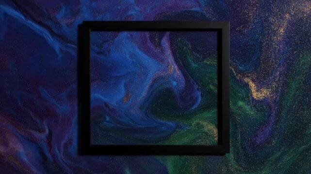 Abstract Cosmic Swirl with Framed Center - A mesmerizing abstract background featuring a swirl of deep blues, greens, and golden specks resembling a cosmic scene.