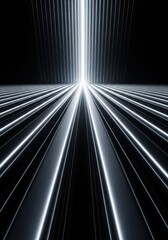 Polished chrome beams forming a pathway toward a bright light, symbolizing unwavering determination and robust foundational planning, pathway, structure, industrial