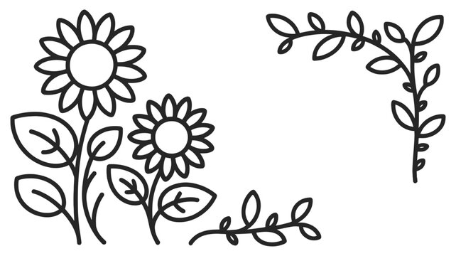 Simple black and white line art illustration featuring sunflowers and elegant leafy borders