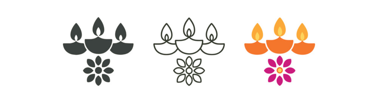 diya with rangoli three oil lamp above small flower pattern orange gold and magenta