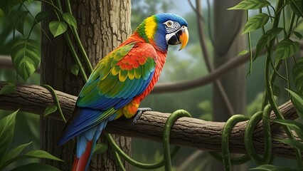 Vibrant Macaw Parrot Perched on Branch in Lush Tropical Rainforest, Exotic Bird