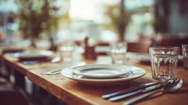 A wooden dining table set with empty plates, cutlery, and glasses. The background features a blurred restaurant interior with soft lighting.