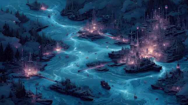 ネオンの光が流れる運河沿いに整列した幻想的なサイバーパンク都市の夜景