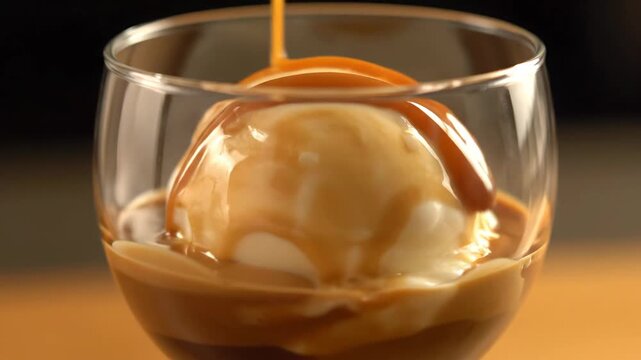 Affogato Dessert with Coffee and Caramel - A close-up shot shows an affogato dessert being prepared in a glass.