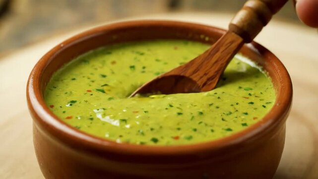 Peruvian Aji Verde Spicy Green Sauce - A close-up shot captures a bowl filled with creamy Aji Verde, a spicy Peruvian green sauce.