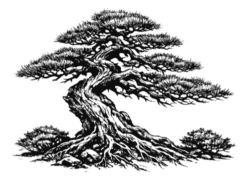 Hand drawn line art illustration of an ancient bonsai pine tree depicting its gnarled trunk and roots for nature concepts