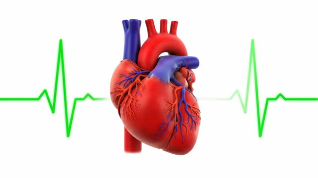 Anatomical Heart with EKG Line - A detailed anatomical illustration of a human heart is set against a vibrant green EKG heartbeat line.